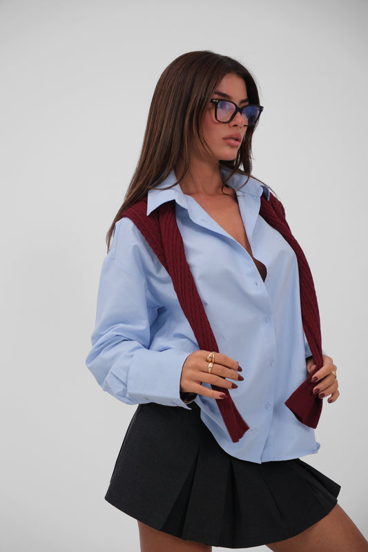 DESY Blue Blouse with Leopard Detailed Sleeves